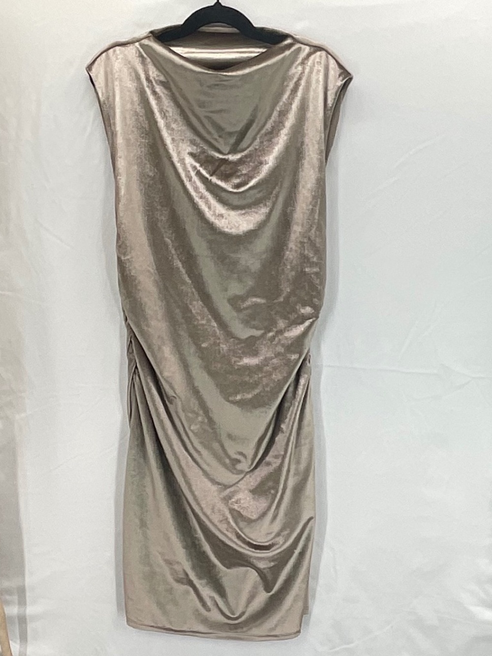 WAYF Velvet Cowl Neck Ruched Bodycon Dress Taupe Sleeveless Holiday NWT Size S